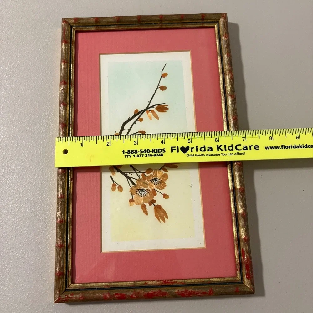 Framed Artwork Chinese Wheat Straw Cherry Blossom Branch Print Coral‎ Mat Gold